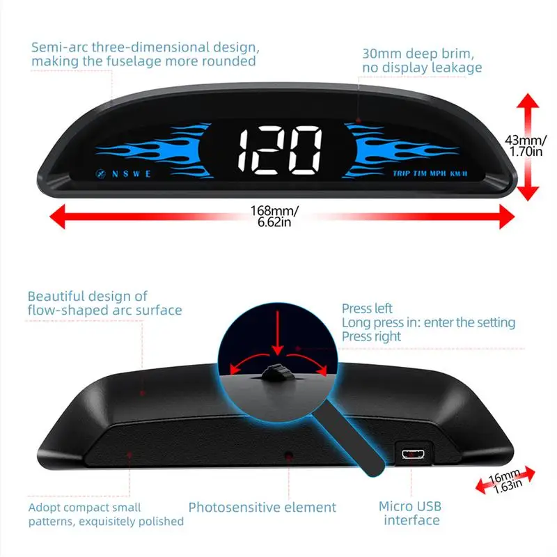 Авто HUD Скоростомер Универсален GPS за измерване на Скоростта на HUD Цифрови Датчици С Адаптивни светлинен Сензор на Екрана с висока разделителна способност за Превишаване на скоростта . ' - ' . 5
