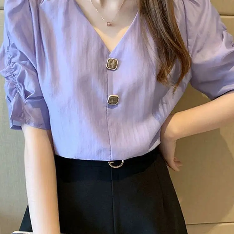 Лятна Нова Свободна шифоновая риза с къс ръкав за жени, блуза с V-образно деколте и ръкав-мехурчета, Скъпа универсална горната дамски дрехи . ' - ' . 2