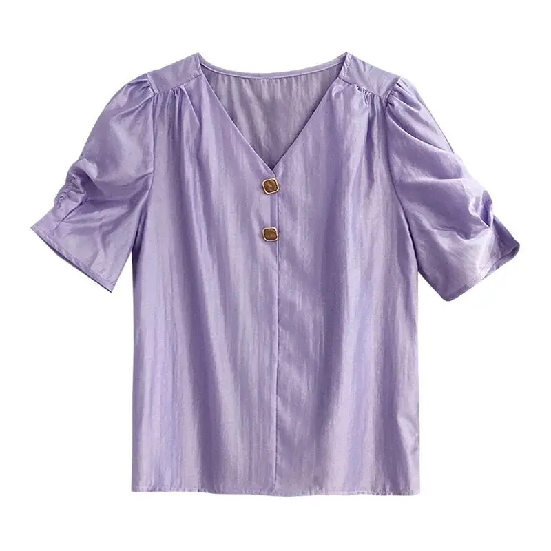Лятна Нова Свободна шифоновая риза с къс ръкав за жени, блуза с V-образно деколте и ръкав-мехурчета, Скъпа универсална горната дамски дрехи . ' - ' . 4