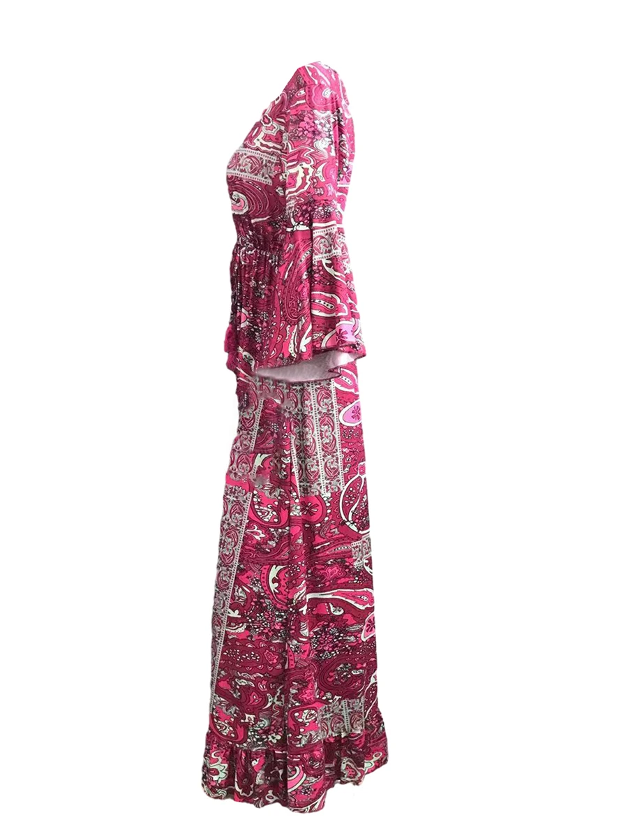 Жена Макси рокля с флорални принтом, ръкави с волани и регулируема завязкой на талията - Елегантна лятна плажна рокля впечатлява със своя бохемски стил . ' - ' . 1
