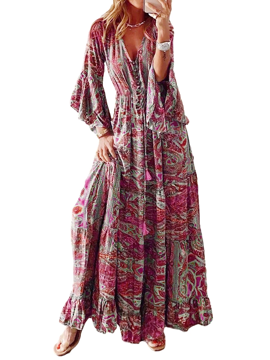 Жена Макси рокля с флорални принтом, ръкави с волани и регулируема завязкой на талията - Елегантна лятна плажна рокля впечатлява със своя бохемски стил . ' - ' . 2