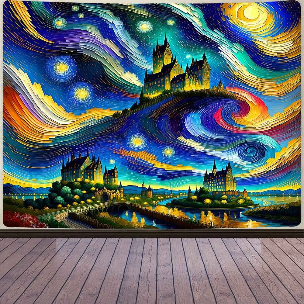Звездна нощ Гоблен Абстрактна живопис с маслени бои Ретро Стенен Гоблен в стила на Лунния град, в стил хипи за хола Спалнята на общежитието . ' - ' . 0