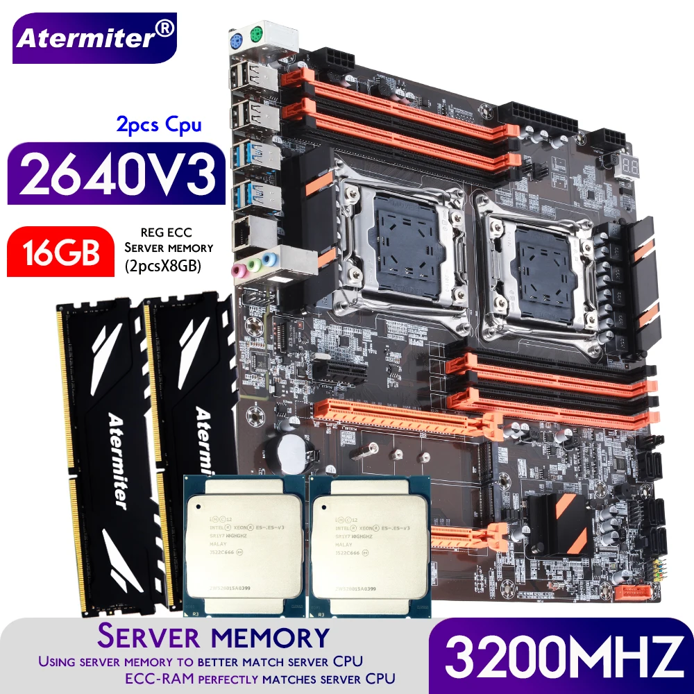 Дънна платка Atermiter Dual X99 с процесор в LGA 2011-3 XEON E5 2640 V3 *2 с комбиниран комплект сървър памет 2pcsX8GB = 16 GB DDR4 3200 Mhz . ' - ' . 0