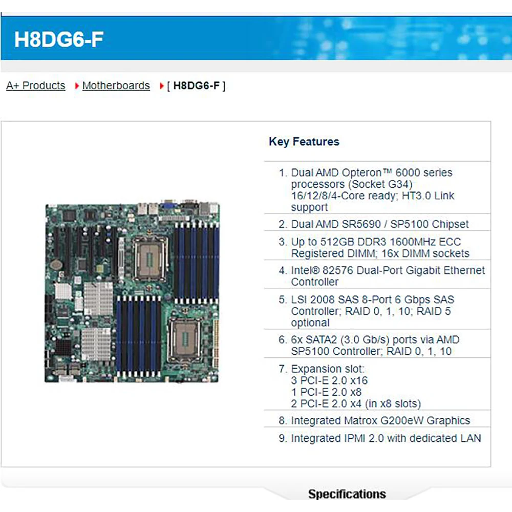 За сървърна дънна платка Supermicro с две процесори AMD Opteron 6000 серията DDR3 LSI 2008 SAS 8-Портов контролер SAS 6 gbps H8DG6-F . ' - ' . 3