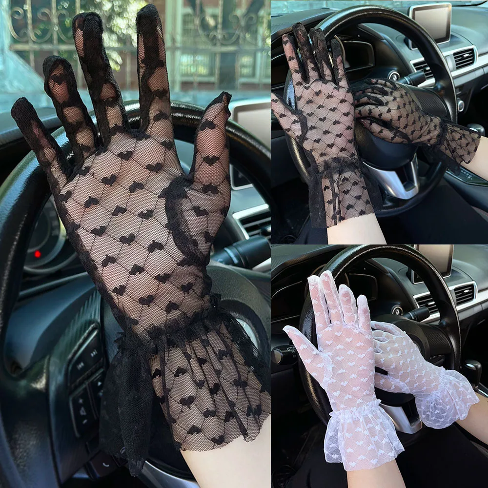 Дамски дантелени ръкавици Модерен Есенно-летни Дамски Къси Тюлевые Еластични ръкавици с листа на Лотос, Гъвкави Мрежести ръкавици за пълен пръст . ' - ' . 0