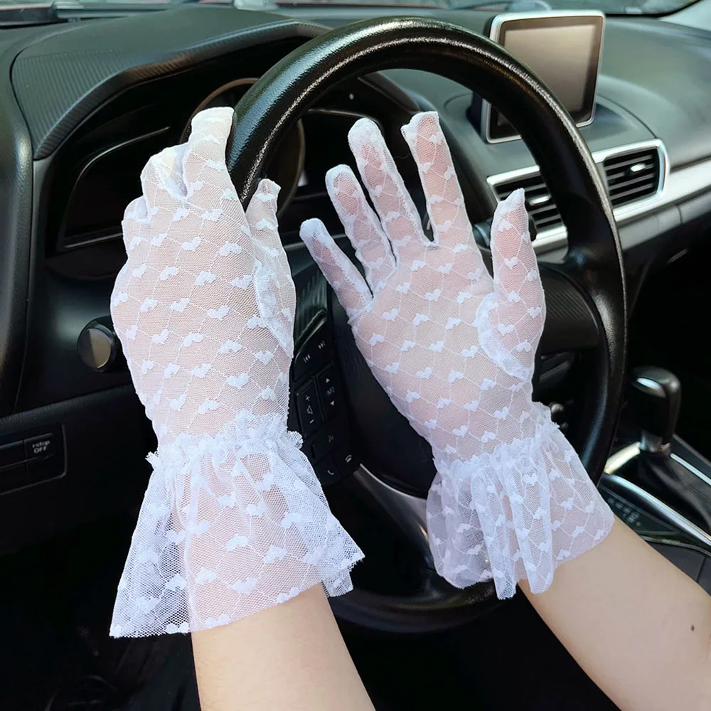 Дамски дантелени ръкавици Модерен Есенно-летни Дамски Къси Тюлевые Еластични ръкавици с листа на Лотос, Гъвкави Мрежести ръкавици за пълен пръст . ' - ' . 2