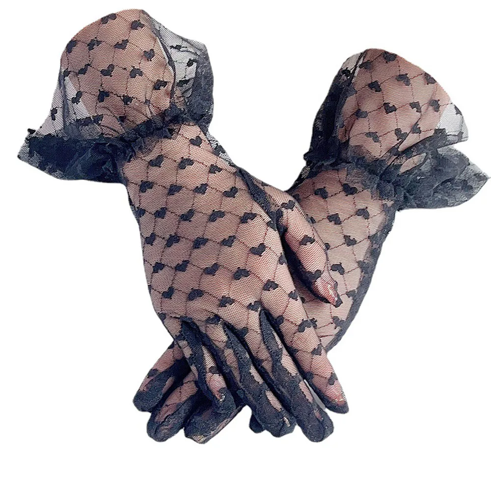 Дамски дантелени ръкавици Модерен Есенно-летни Дамски Къси Тюлевые Еластични ръкавици с листа на Лотос, Гъвкави Мрежести ръкавици за пълен пръст . ' - ' . 3