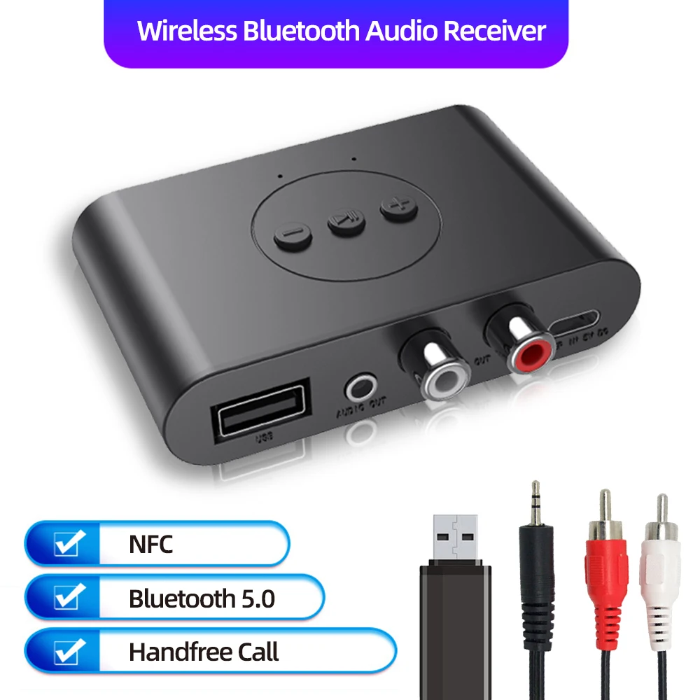 Аудиоприемник Bluetooth 5.0 3.5 мм Жак AUX U Диск NFC RCA Стерео Музикален Безжичен адаптер с микрофон за комплект за автомобил Bluetooth Говорител . ' - ' . 0