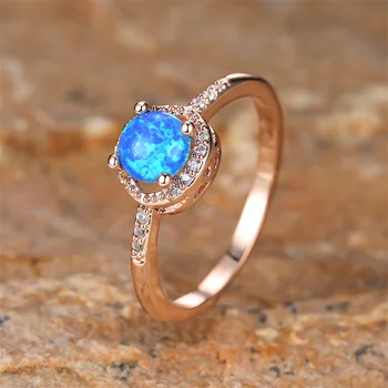Луксозно Дамско Очарователно пръстен със син Опалом, пръстени цвят Розово злато За жени, Годежен пръстен с бял Кристал и кръгли камъни, бижута