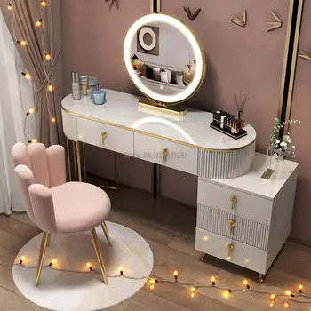 Модерен и Луксозен Тоалетка за Малки Спални, Интелигентна кутия за съхранение, Тоалетка с огледало за салона за красота, Тоалетен огледало, Мебели с чекмеджета