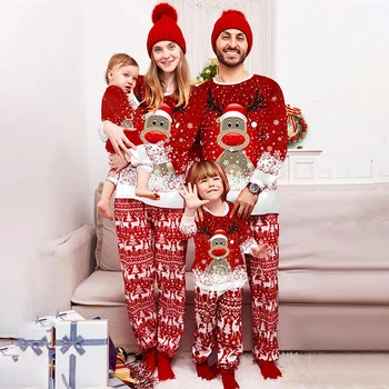 Подходяща семейна Коледна пижама с дълъг ръкав, Пуловер и панталони с принтом Елен и Снежинки, комплект за деца и възрастни