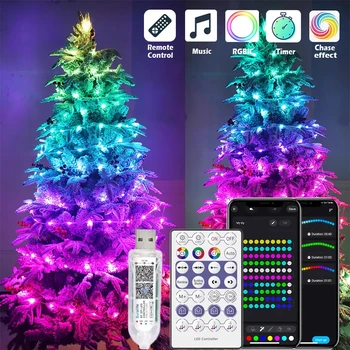 Smart WS2812B Фея String Светлини Вътрешно осветление на Приложение и синхронизиране на музика с дистанционно управление Led гирлянди Bluetooth Цветна гирлянда