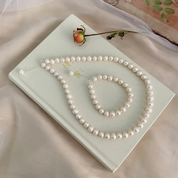 Комплект бижута от перли, естествени сладководни перли в огърлица от сребро 925 проба, гривна за жени