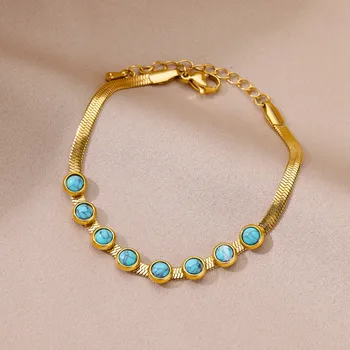 Гривна с кръгли син камък, за жени, мъже, Бохо, златна гривна-верижка от неръждаема стомана във формата на змия, Женска двойка бижута, подаръци за партита