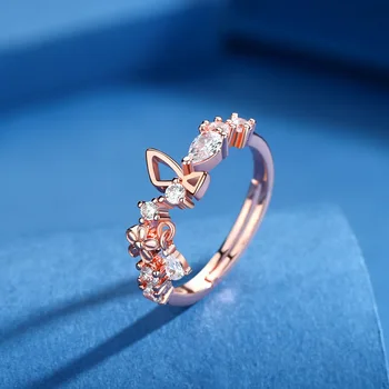 Луксозно Дамско Пръстен с Цветя на обещанието, отворен пръстен с Цирконием, Очарователни пръстени цвят розово злато За жени, Модерен пръстен с пеперуда от бял камък, Регулируем Пръстен