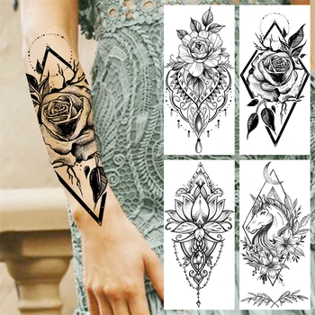 Черни Геометрични временни татуировки под формата на рози За жените, висулка във формата на лотос, Еднорог, изкуствена татуировка на ръката, Боди арт, Моющаяся Татуировка