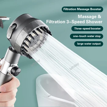 Въртящата се дюза за душ с високо налягане Ръчни силиконови масажни дюзи за душ с филтри 3 режима на пръскане за аксесоари за баня