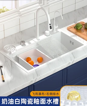 304 неръждаема стомана бяла голяма кухненска мивка с един слот, домакински ръчна работа под работния плот на мивка