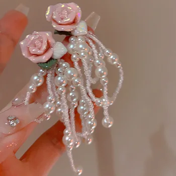 Корейската Мода Розова Смола Цвете Перли Пискюл Дълги Висящи Обеци За Жени Луксозни Супер Страхотни Свежи Обеци Бижута