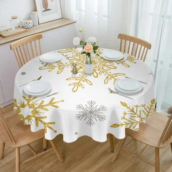 Коледни Покривки за маса с Консистенция на Златни Снежинки за масата за Хранене, Водоустойчив Кръгла Покривка за Кухня, Хол