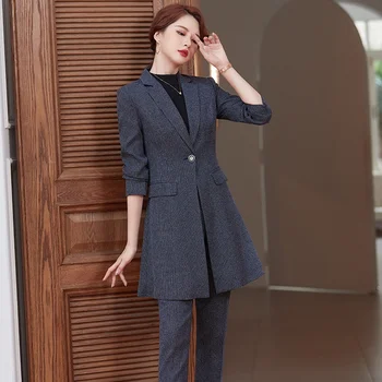 (Удължена козина + панталони) Корейски женски костюм в клетката, високо качество, облегающая професионално облекло голям размер