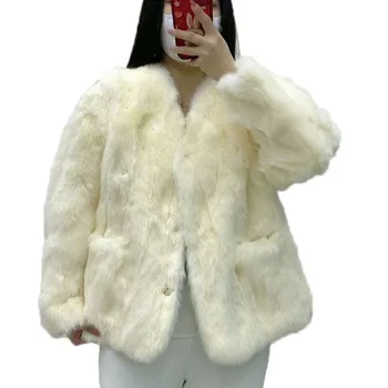 Зимно Дамско Палто от 100% естествена кожа заек, Модни топло яке/палто от естествена кожа заек, Дамски ежедневни връхни дрехи с дълги ръкави