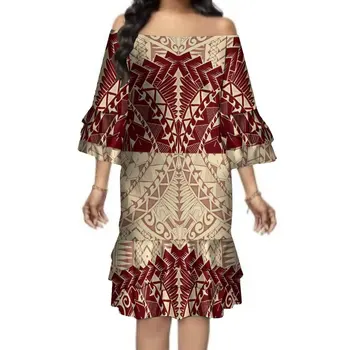 2023 Женствена рокля Голям размер 8xl, рокля с открити рамене, разработен полинезийскими племена, Ламинирано рокля с къси ръкави