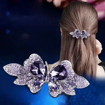 Лилава Кристален пеперуда Пружина на родословна за коса, странично оттичане скоба за вратовръзка, Горна скоба, Елегантни дамски модни аксесоари за коса