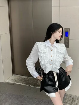 Хубава бяла риза с волани, Дамски модни есенни блузи с дълъг ръкав и копчета, Шик улични Уникални къси потници Haut Femme
