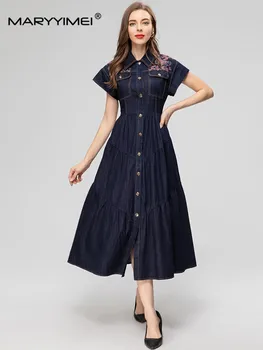 MARYYIMEI/ Пролетно-лятно женствена рокля с отложным яка, къс ръкав, однобортные тънки Елегантни Дълги рокли с бродерия