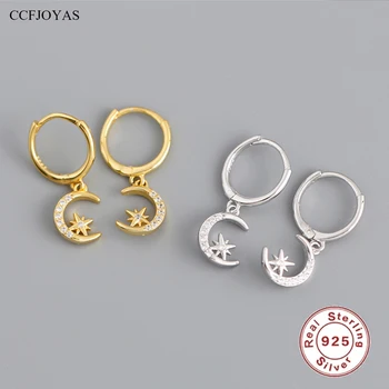 CCFJOYAS 100% 925 Сребро, Висящи обеци в формата на Звезда и Луната за Жени, Европейската и Американската Мода, Наращиваемые Обеци, модни Бижута