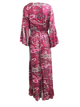 Жена Макси рокля с флорални принтом, ръкави с волани и регулируема завязкой на талията - Елегантна лятна плажна рокля впечатлява със своя бохемски стил