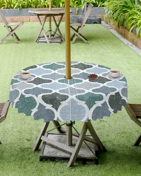 Зелено-Сива Геометрична Кръгла Водоустойчив Покривка в марокански ретро стил с дупка за чадър с цип, Капак на масата за партита, барбекю