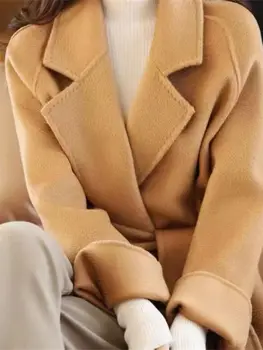 Цветно Дамско палто със средна дължина, Двустранно Палто, Вълнена Дантела, Темпераментен Дамско Модерно Яке с Дълъг ръкав 2023, Есен-Зима