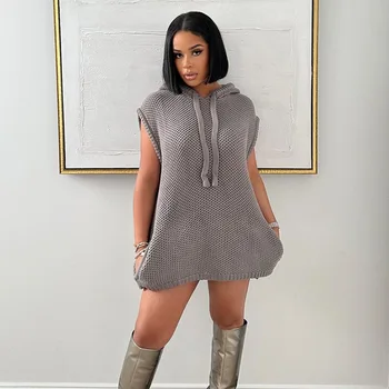 CINESSD Дамски дрехи вязаный деликатен плътен цвят с качулка голям е размерът на Улицата мода пуловер пуловер без ръкави