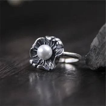 Реколта пънк-тайландски Сребърни пръстени с перлата Цвете За жени и Момичета, бижута за Сватбени партита, подаръци jz747