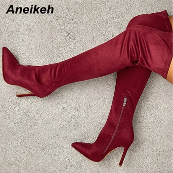 Aneikeh 2024, Дамски модни обикновена ботфорты над коляното от флока на висок ток, Секси фини Обувки на Челси на висок ток със страничен цип, Вечерни Сватбени