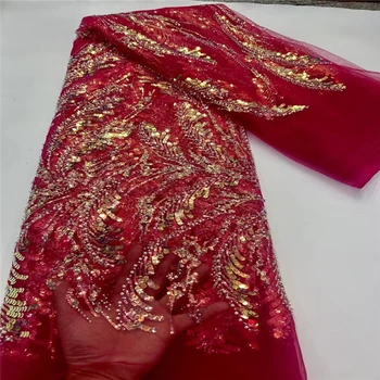 Най-новият модерен стил, червен цвят, мъниста и пайети, 5 ярда, дантелено рокля за сватбени партита