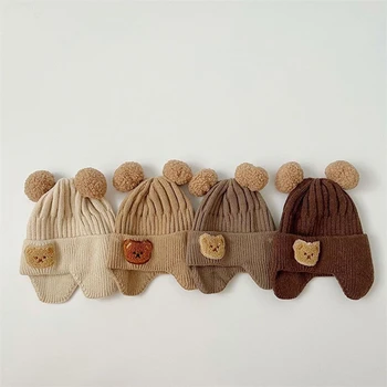 Защитна капачка с уши мультяшного мечка, детска зимна вязаная капачка за малки момчета и момичета, Сладък корейски топли детски шапки на една кука за деца