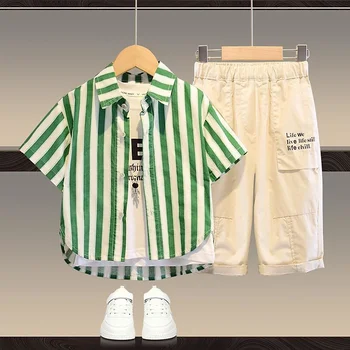 Летен костюм за момчета, Модни Детски дрехи, 2023, Лятна Нова Корейската риза на вертикални райета, Ежедневни новост, Комплект от две части За Деца