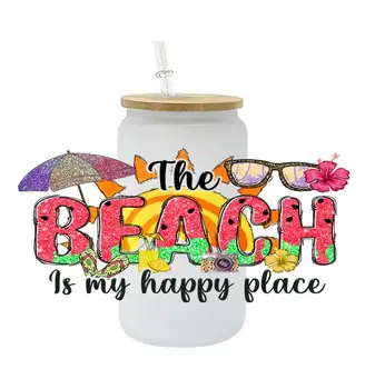 Плаж-моето щастливо място, летен дизайн, 16 мл, Стъклена UV Стикер на Чаша, 3D UV стикер DTF, Преносим Стикер, Водоустойчив