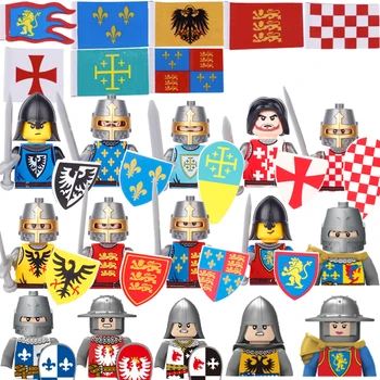 MOC Средновековни Рицари Лъв градивните елементи на Свещената Римска Франция Англия Войници на Армията Флаг Щит Боен Кон Меч Тухлени играчки B021