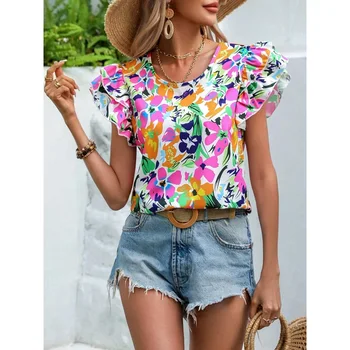 2023, Дамски лятна ежедневни градинска облекло, Нова мода, риза с къс ръкав с флорални принтом, Офис женска тениска, без надмощие