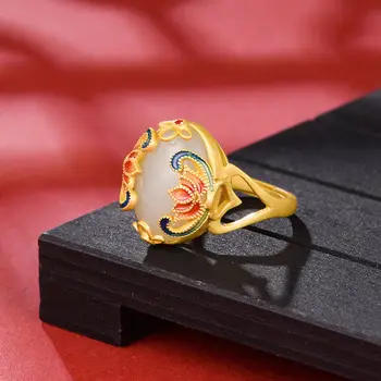 Нови пръстени от естествен хотанского бял нефрит с емайл под формата на lotus за жени, винтажное етническа годежен пръстен в китайски стил, бижутерия подарък